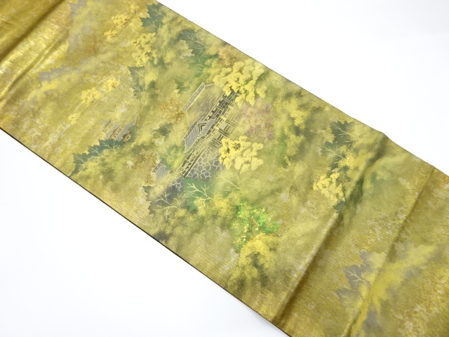 作家物　手描き　引箔　寺院風景模様袋帯